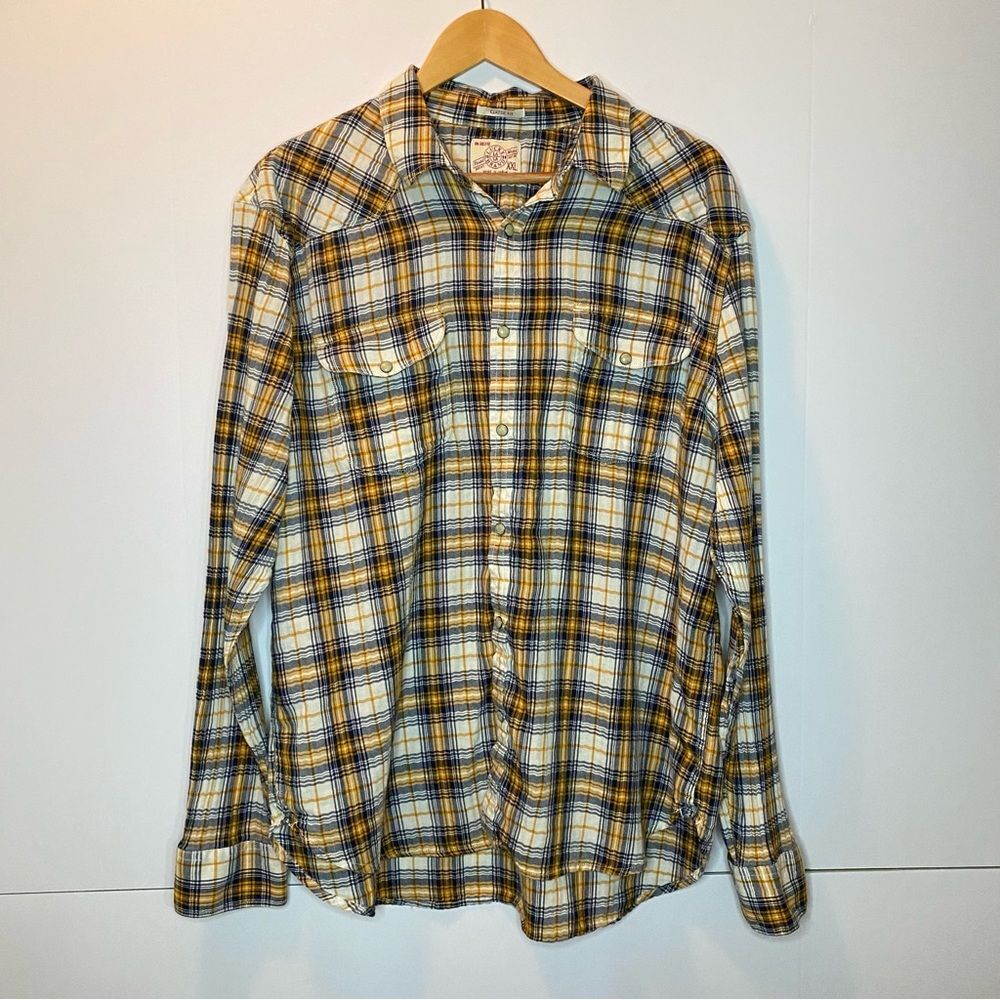Lucky Brand 100% Cotton Yellow Plaid Textured Sleeve Button Down Pearl Snap XXL